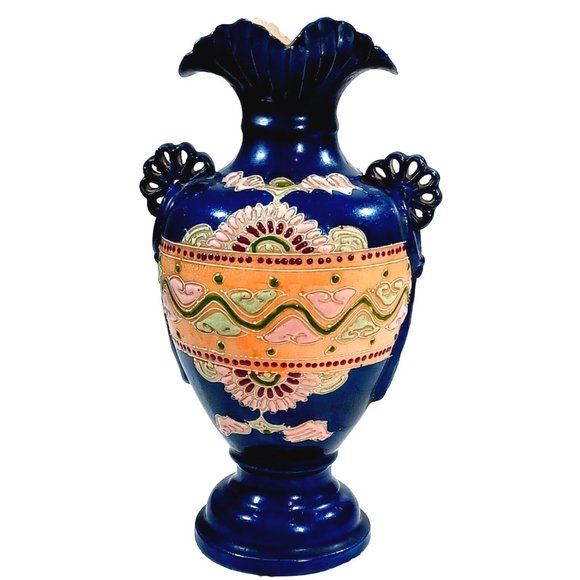 Antique Famille Immortals Japanese Satsuma Moriage Cobalt Blue Vase 12" Vintage - Picture 7 of 9